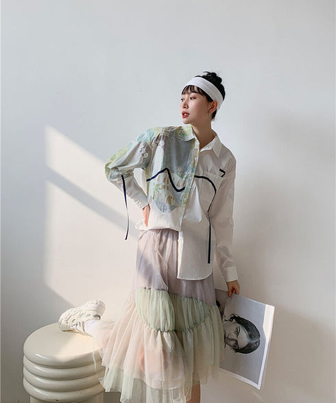 Asymmetric Art Panel Drawcord Shirt